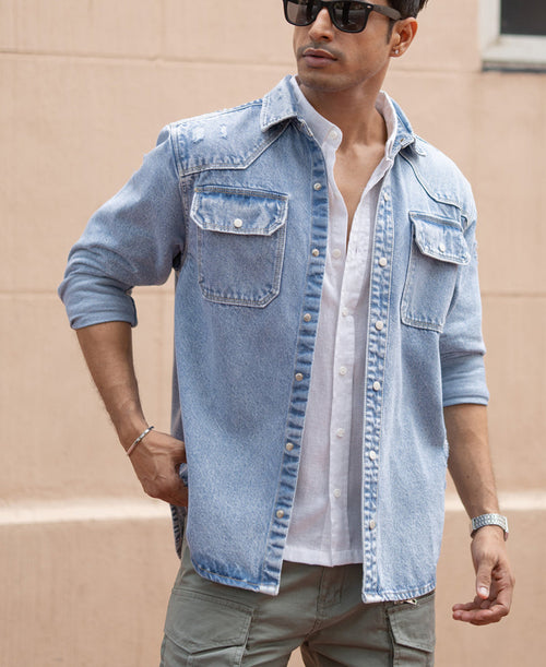 Blue Denim Regular Fit Full Sleeves Shirt 100% Cotton