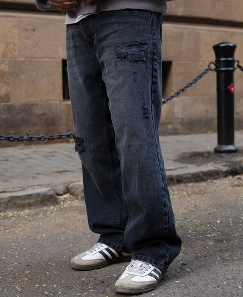 Charcoal Distressed Baggy Jeans 100% Cotton
