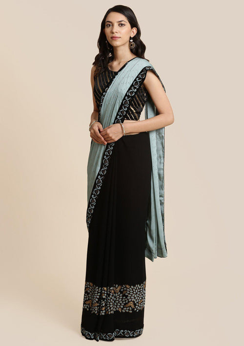 Black and Sea Green Swarovski Georgette Designer Saree