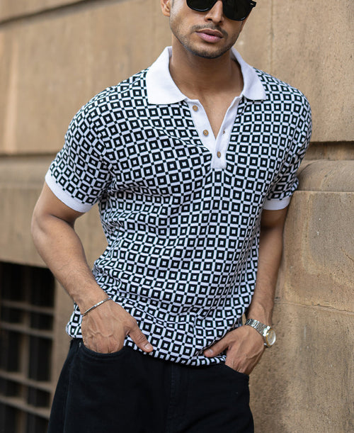 Black Jacquard Contrast Collar T-Shirt 100% Cotton