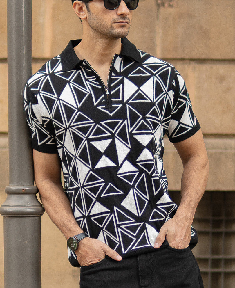 Black Geometric Knit Polo T-Shirt 100% Cotton