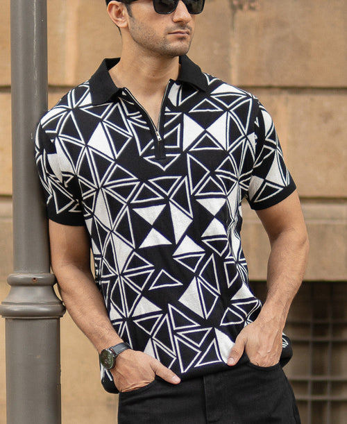 Black Geometric Knit Polo T-Shirt 100% Cotton