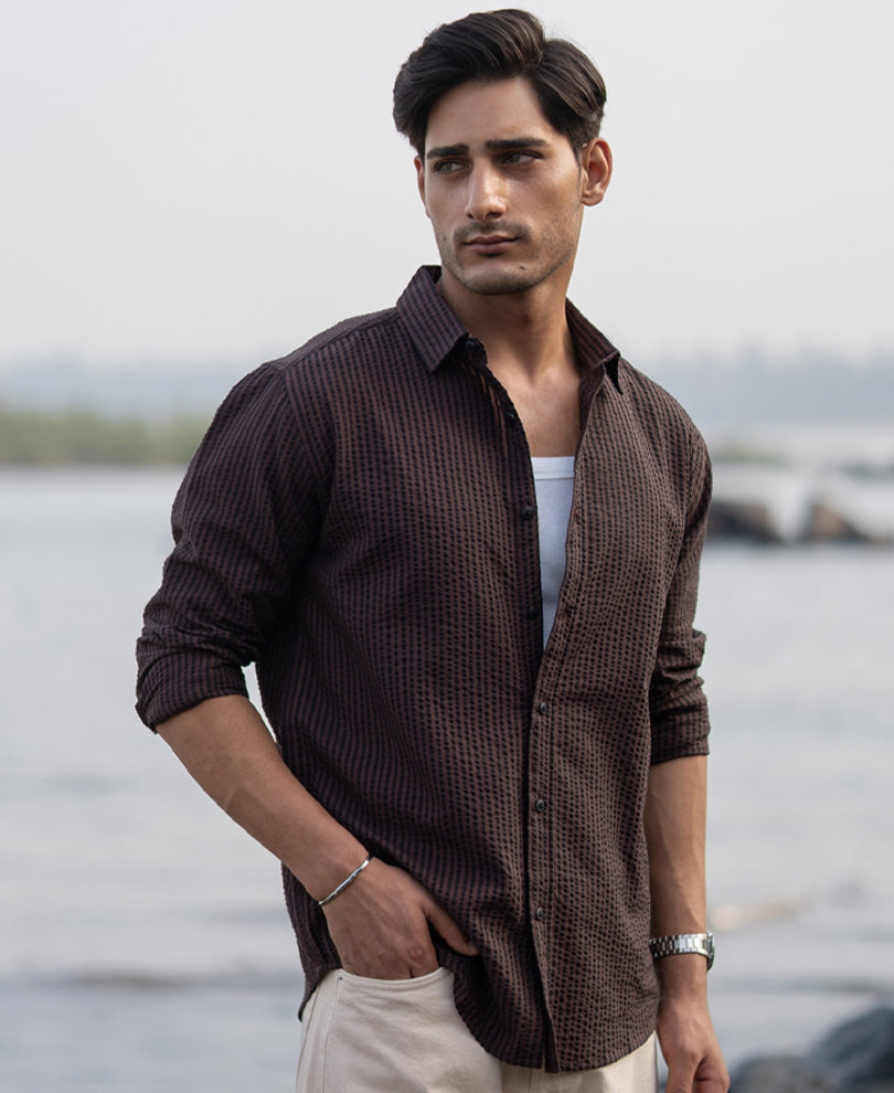 Brown Seer Sucker Stripe Shirt 100% Cotton