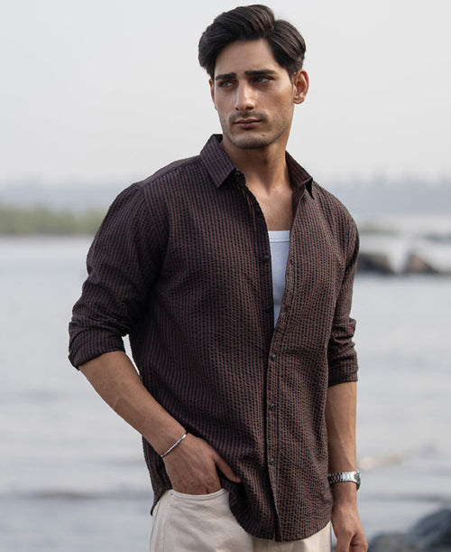 Brown Seer Sucker Stripe Shirt 100% Cotton