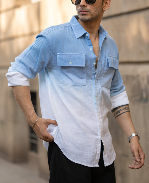 Blue Double Pocket Ombre Shirt 100% Cotton