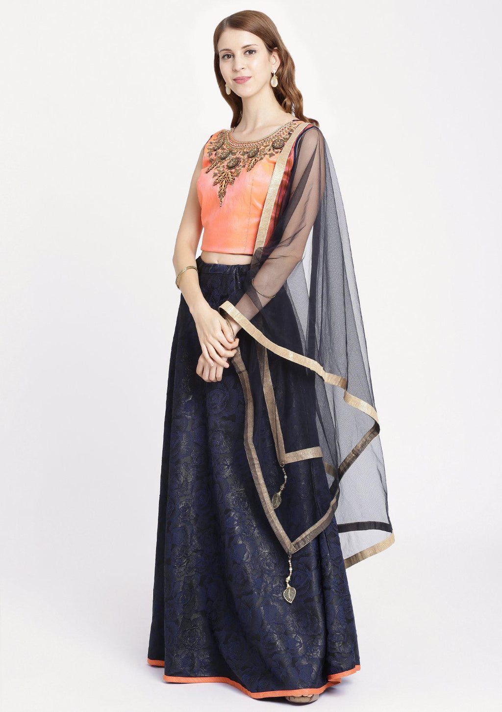Navy Blue Pearlwork Rawsilk Readymade Lehenga