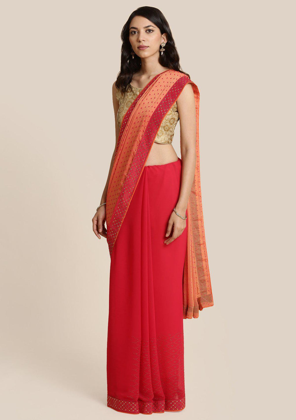Peach Swarovski Georgette Designer Saree