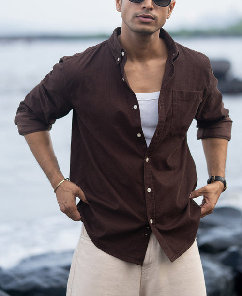 Coffee Corduroy Button Down Shirt 100% Cotton