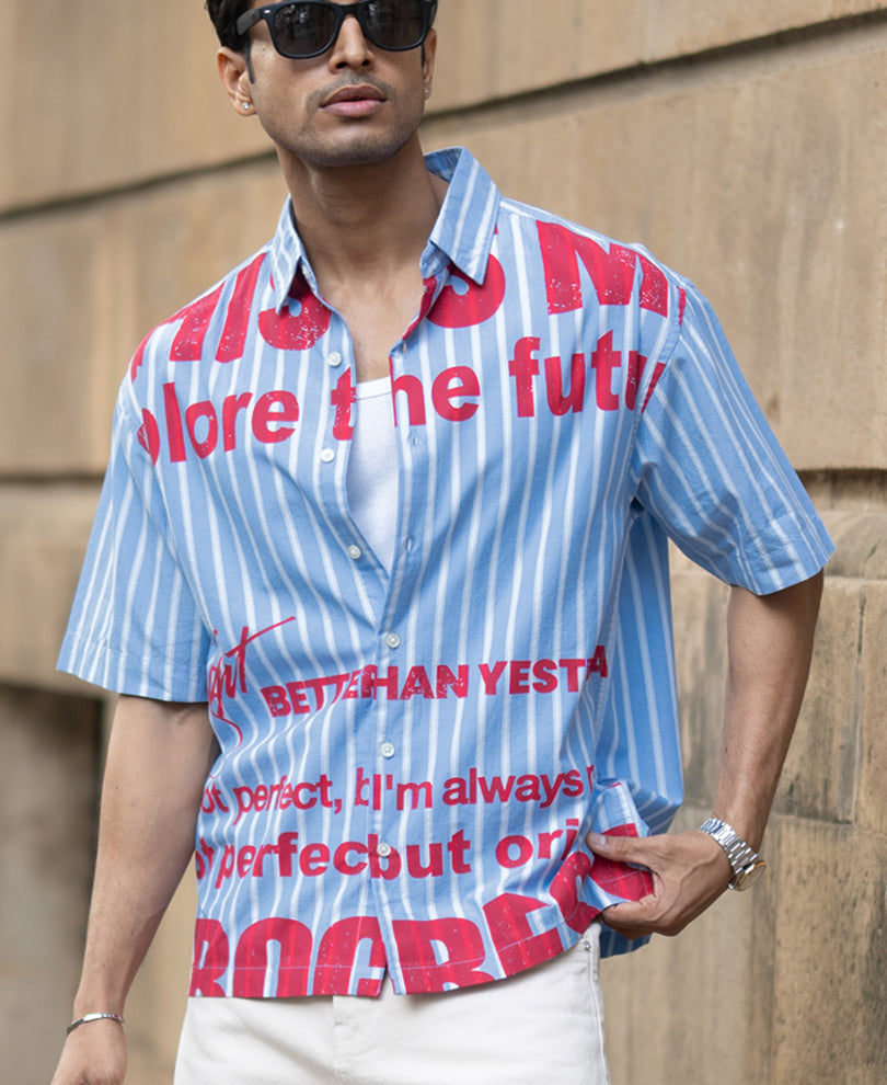 Blue Slogan Print Stripe Shirt 100% Cotton