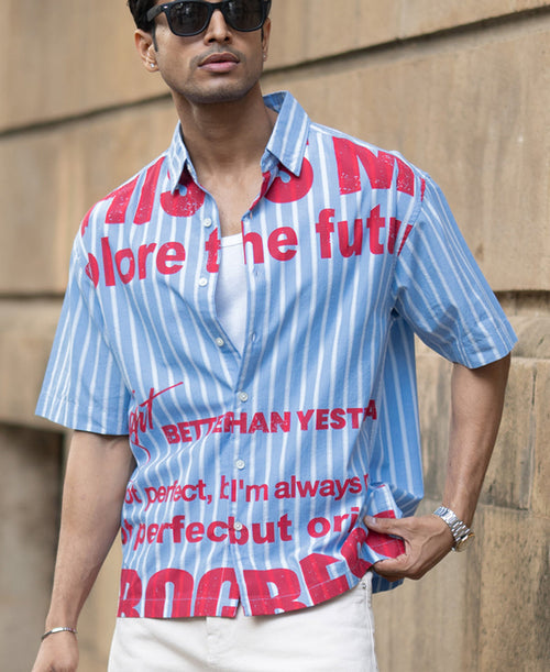 Blue Slogan Print Stripe Shirt 100% Cotton