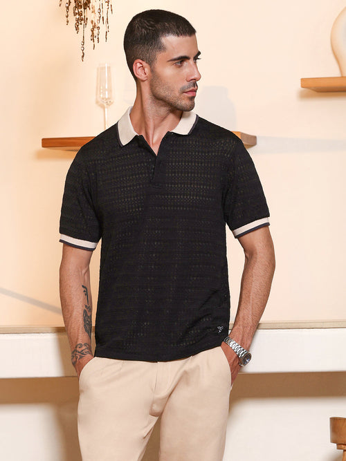 Black Textured Polo T-shirt with Contrast Tipping