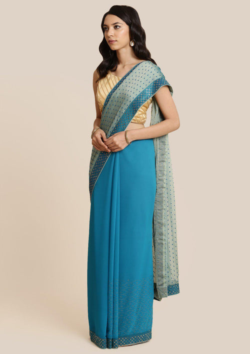 Blue Swarovski Georgette Designer Saree