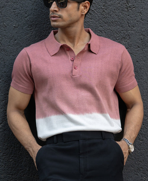 Brick Ombre Knit Polo T-Shirt 100% Cotton