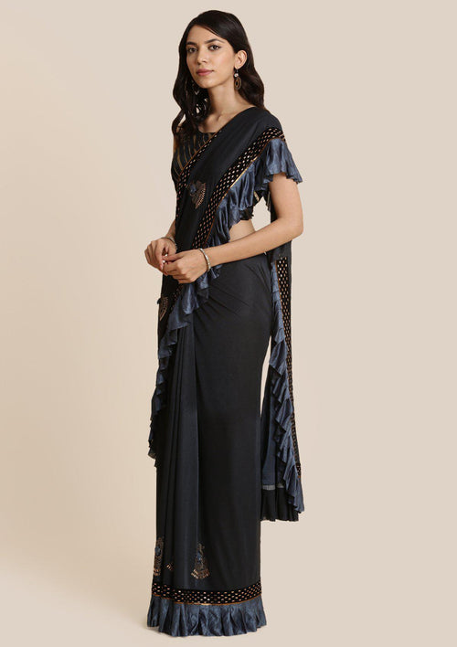 Dark Grey Swarovski Lycra Designer Saree