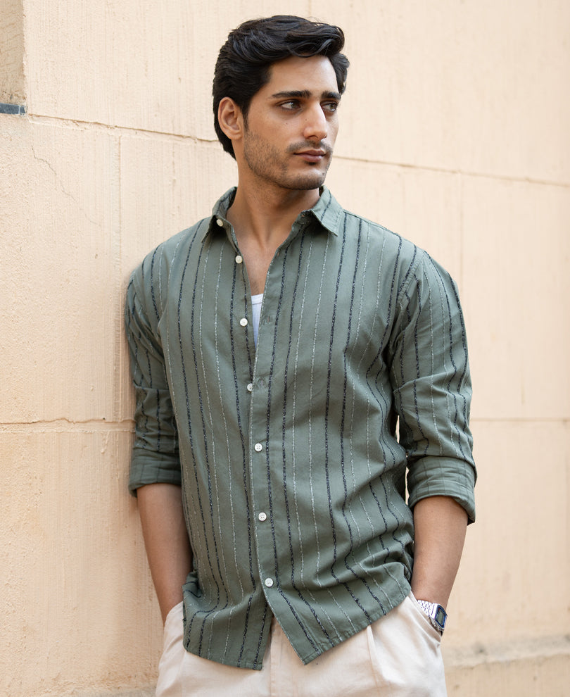Olive Boucle Stripe Shirt 100% Cotton