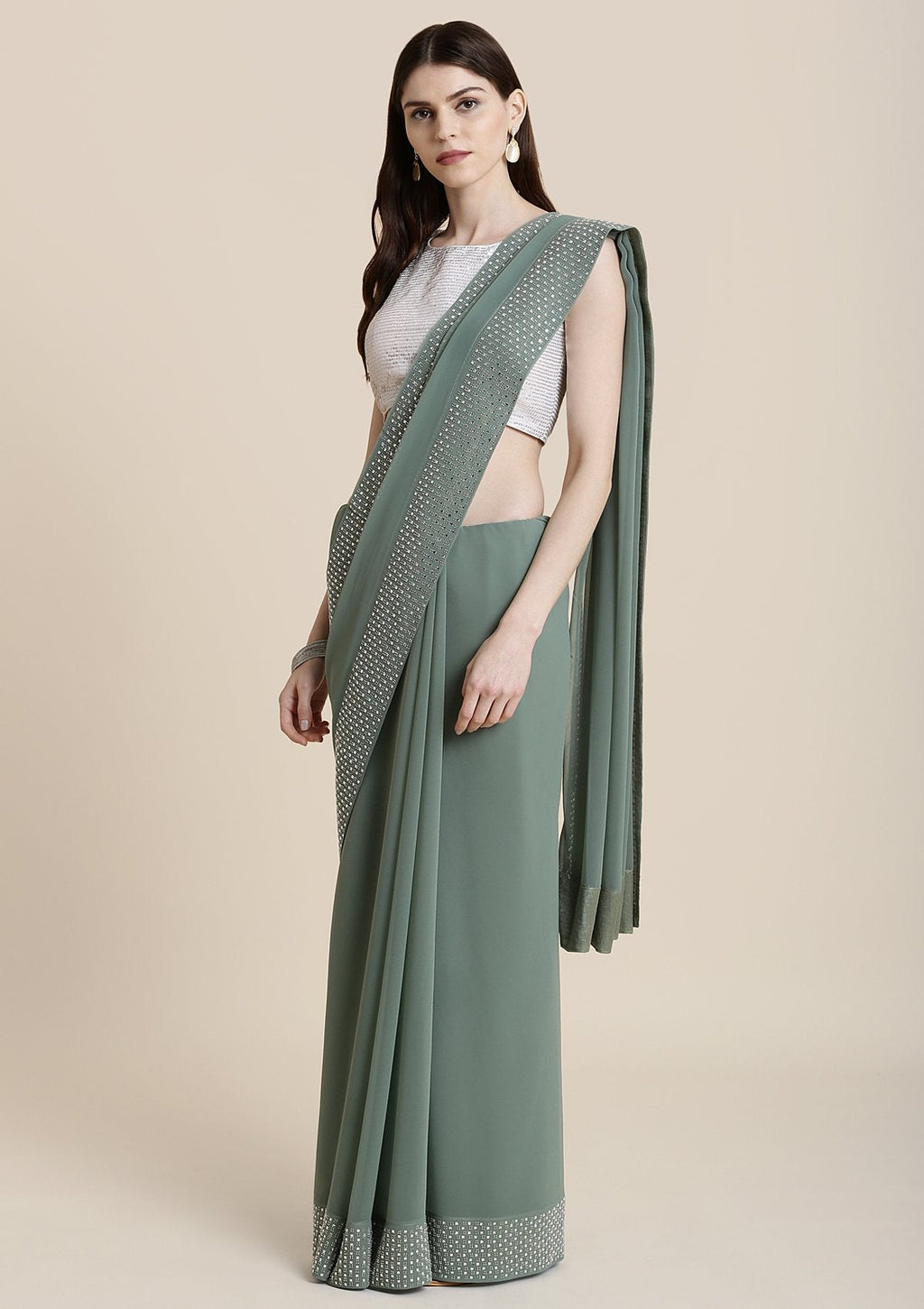 Sea Green Swarovski Georgette Designer Saree