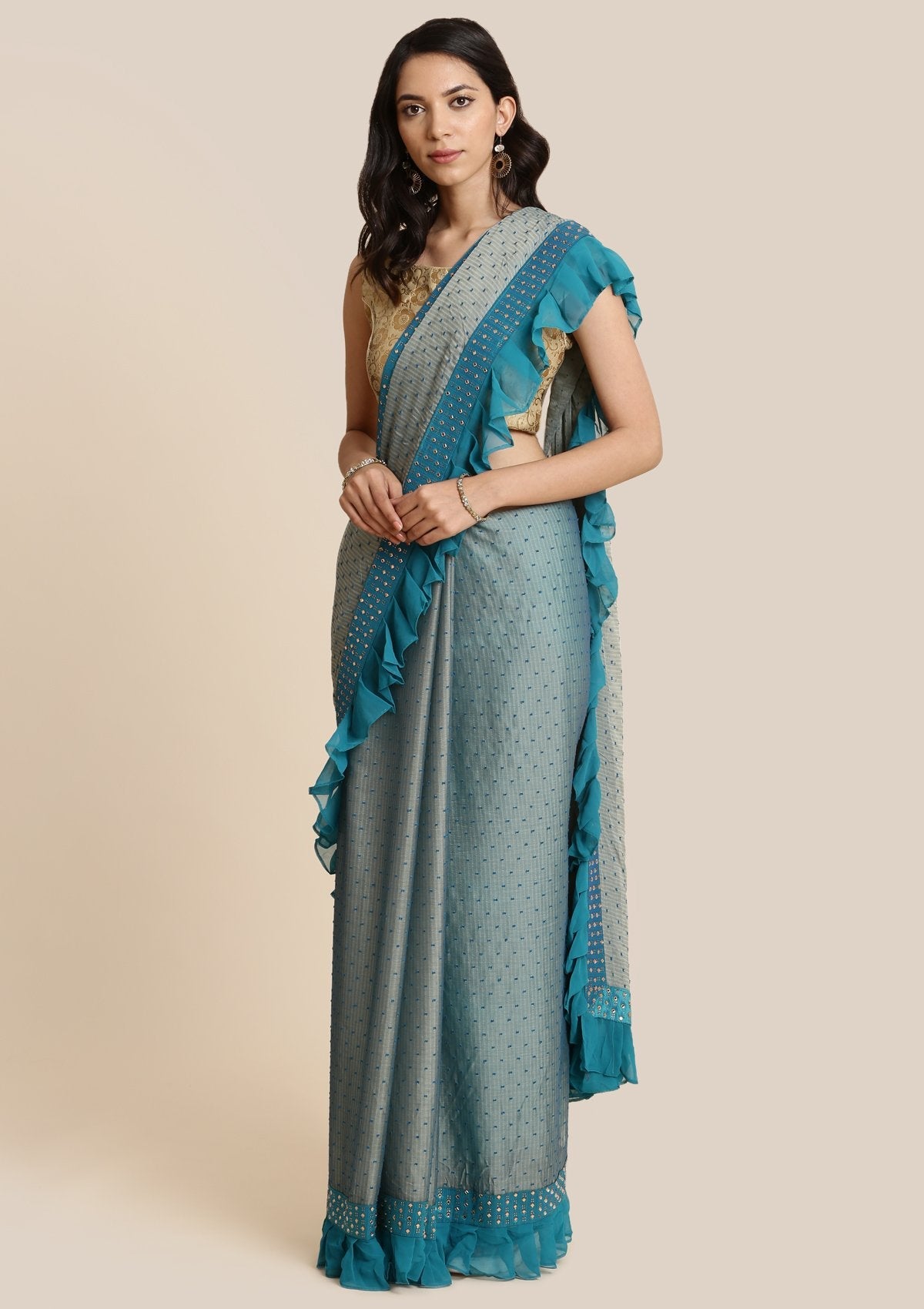 Sea Green Swarovski Georgette Designer Saree