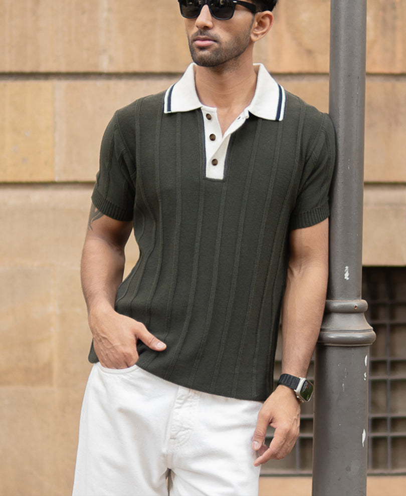 Olive Contrast Collar Knit T-Shirt 100% Cotton