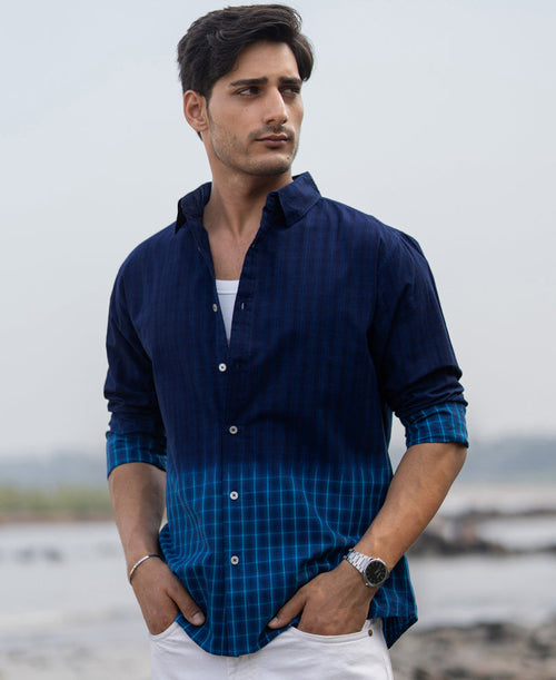 Blue Ombre Checks Shirt 100% Cotton