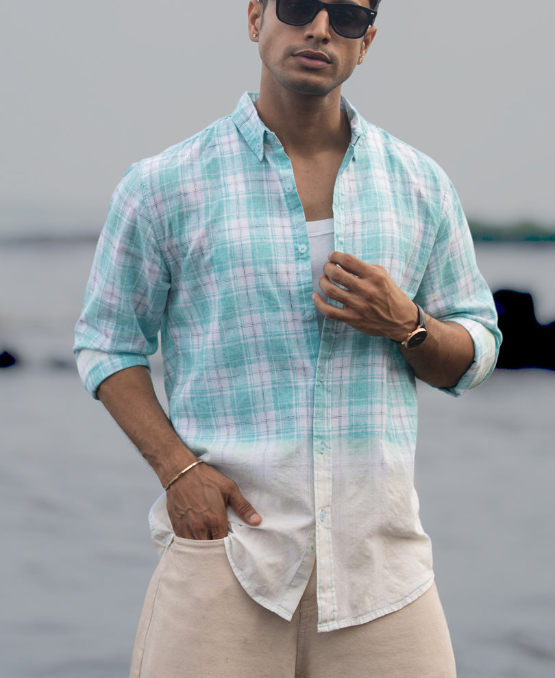 Aqua Blue Light Weight Ombre Checks Shirt 100% Cotton