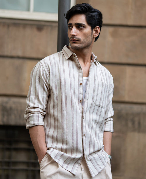 Cream Structured Stripe Shirt 100% Cotton