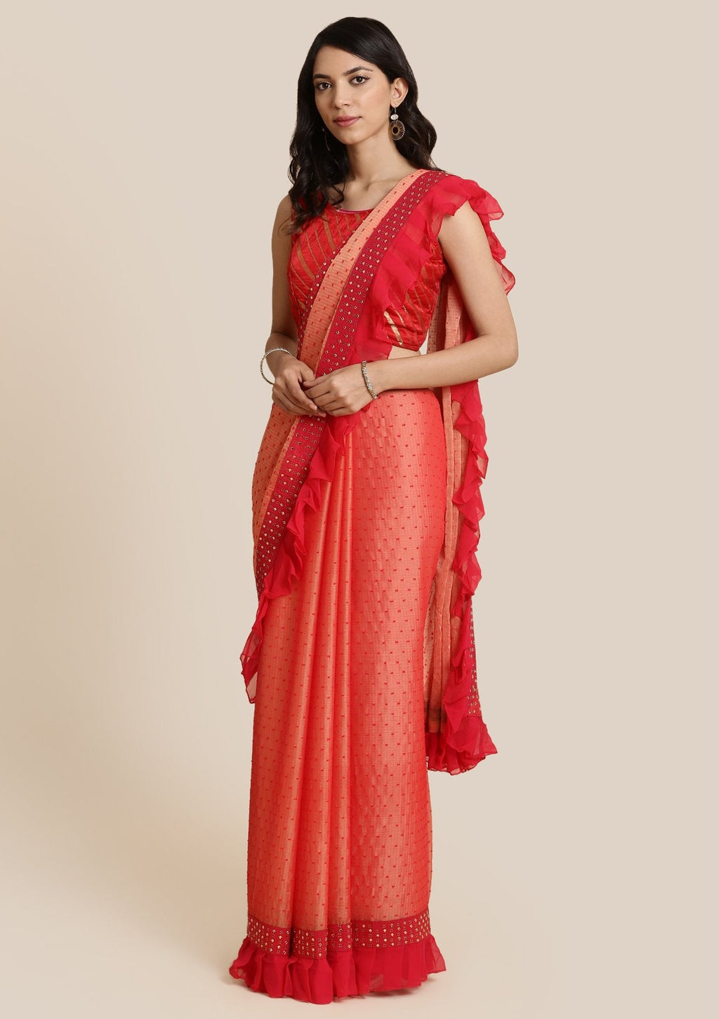 Peach Swarovski Georgette Designer Saree