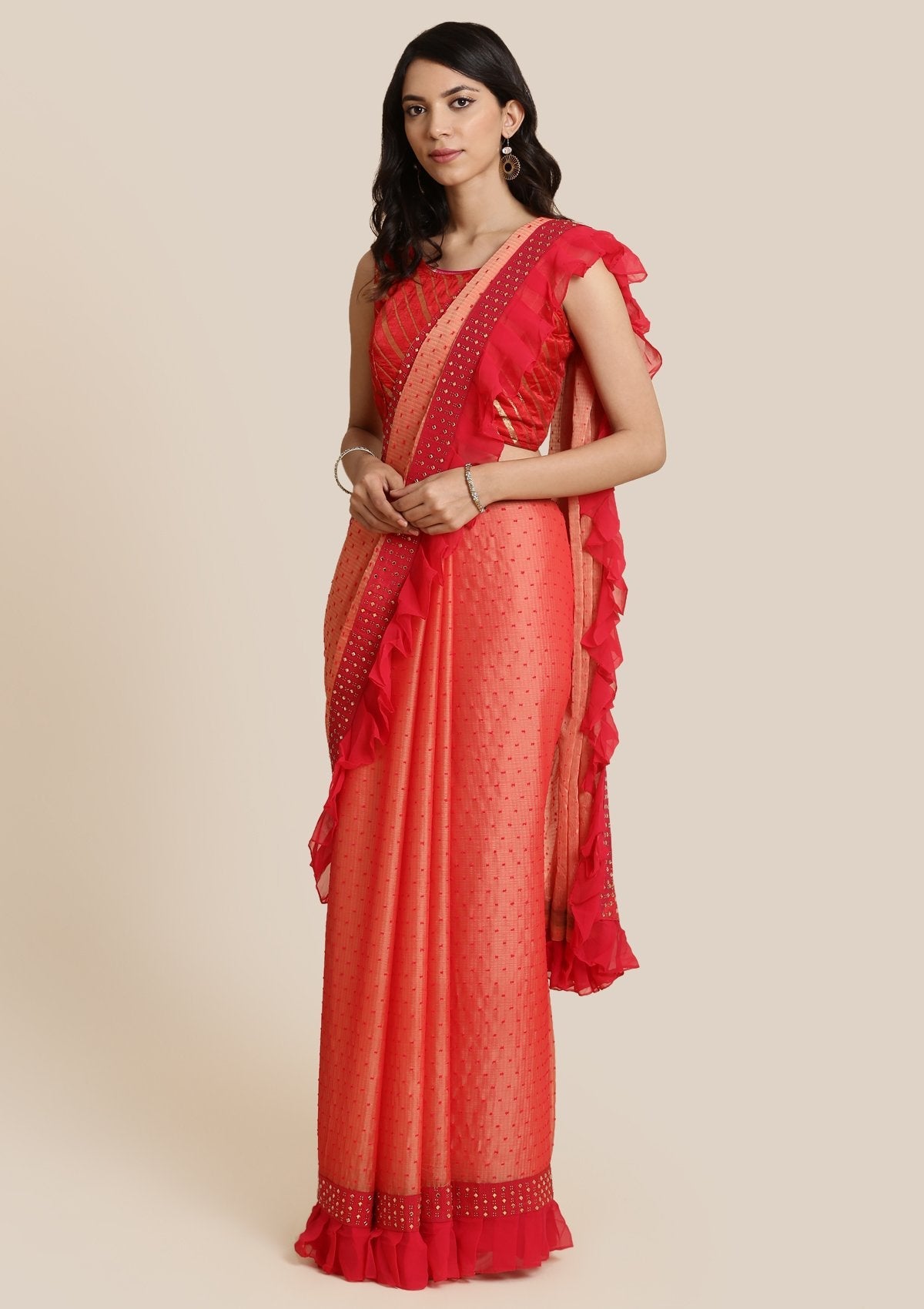Peach Swarovski Georgette Designer Saree