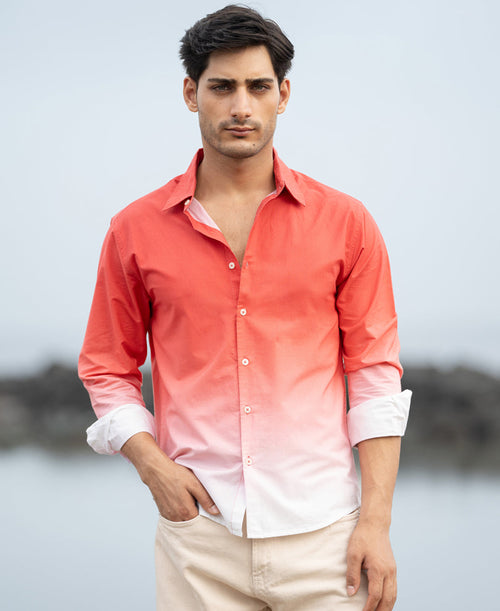 Coral Red Ombre Print Shirt 100% Cotton