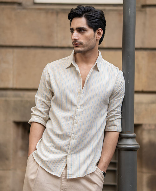 Blue & Beige Linen Stripe Shirt