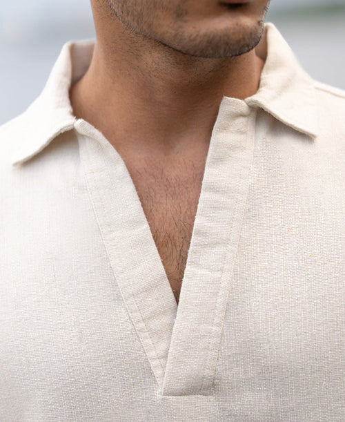 Cream Structured Cotton Kurta Shirt