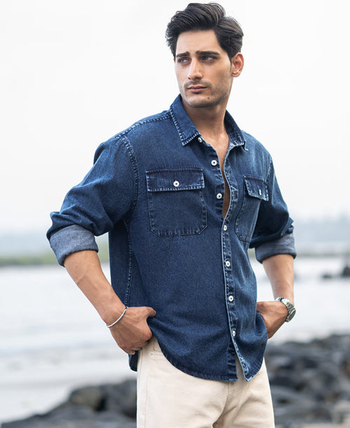 Dark Blue Washed Denim Full Sleeves Shirt 100% Cotton