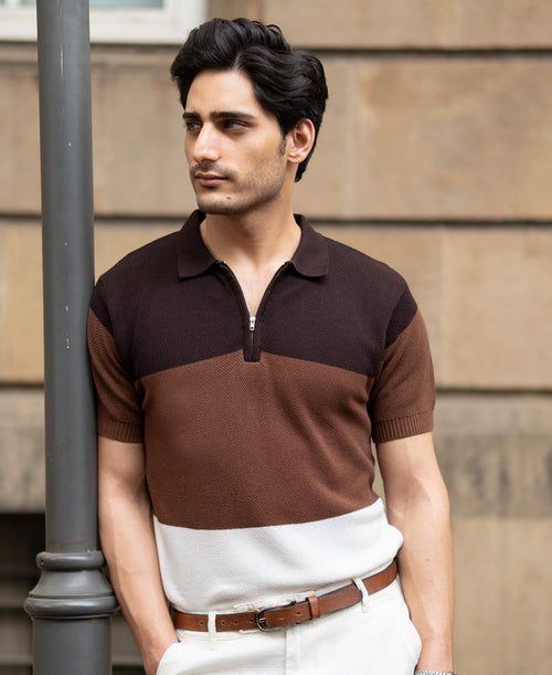 Brown & Beige Stripe Knit T-Shirt 100% Cotton