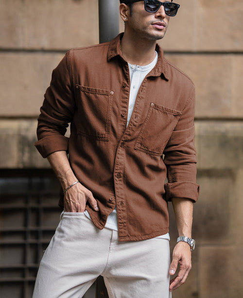 Brown Textured Overshirt 100% Cotton