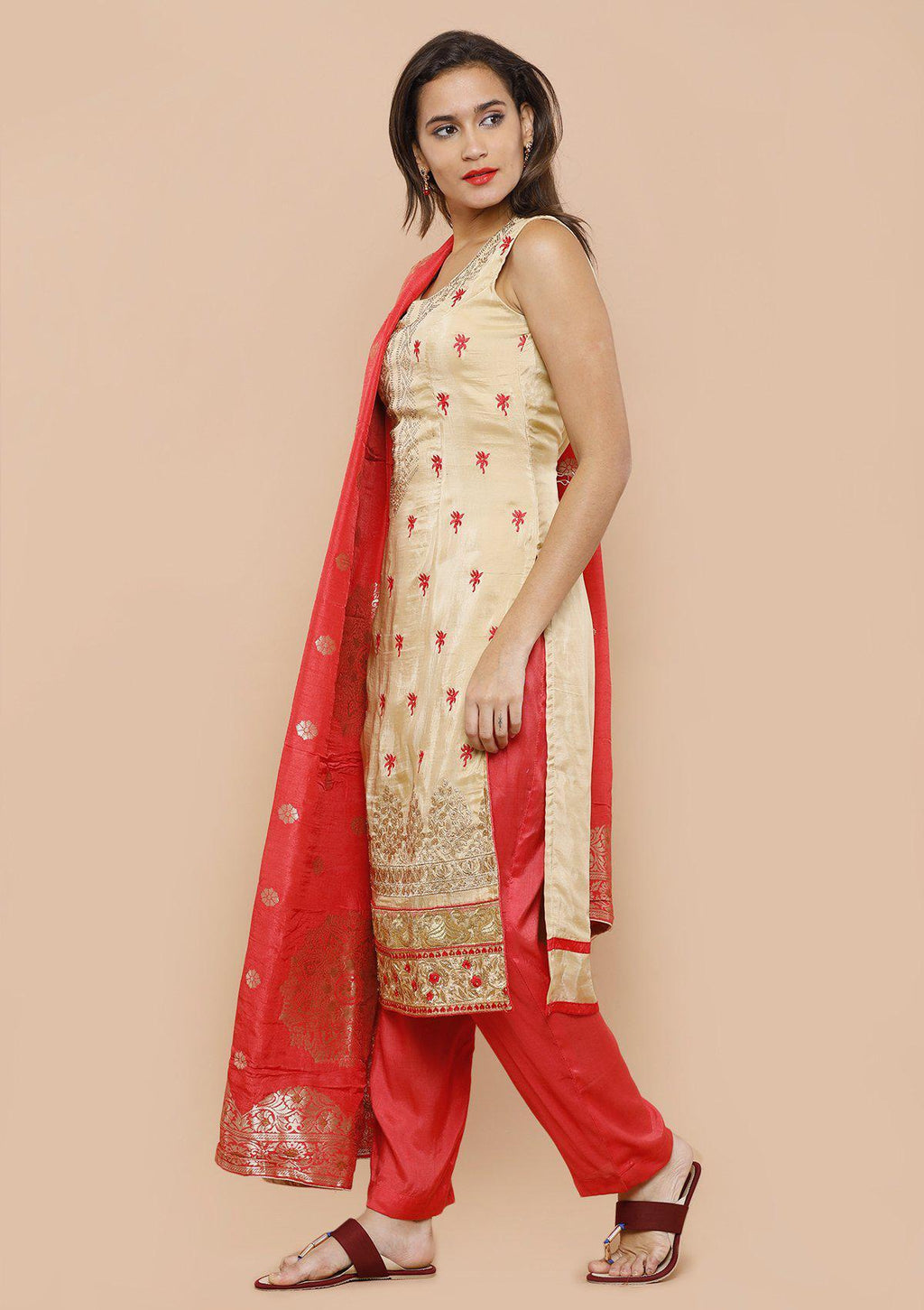 Beige and Red Silk Salwar Suit