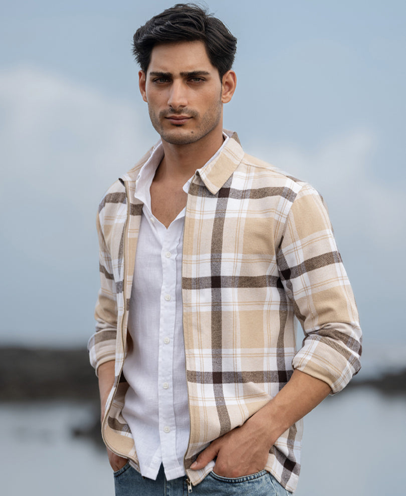 Beige Checks Zipper Shirt