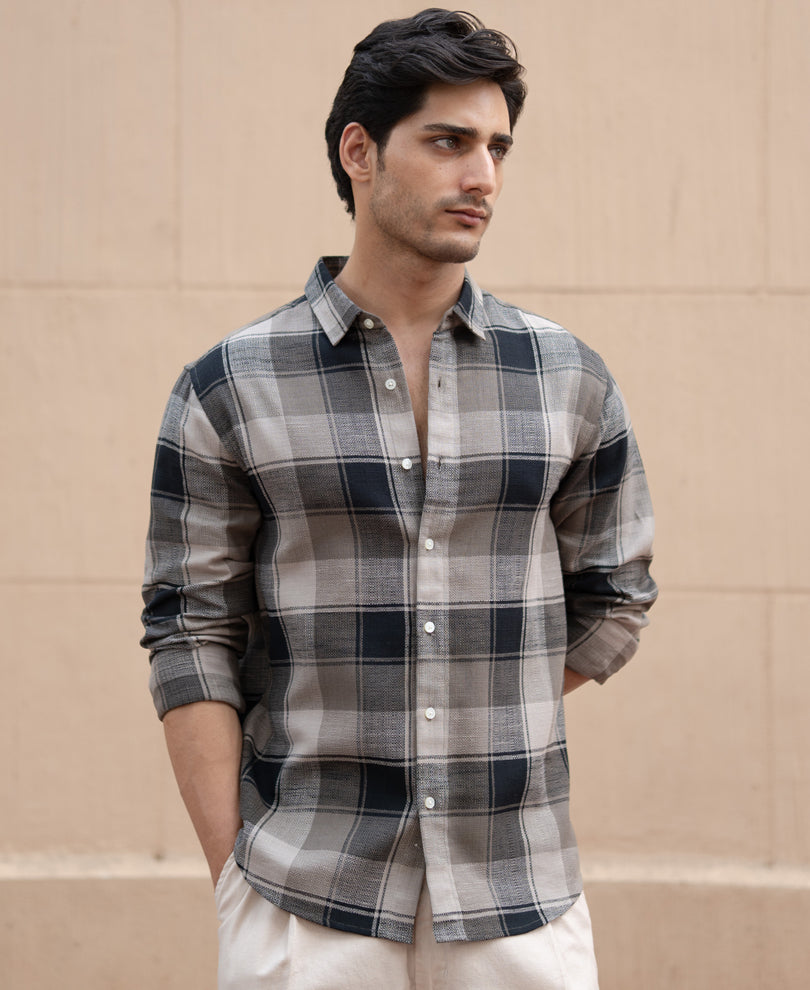 Olive & Black Structured Checks Shirt 100% Cotton