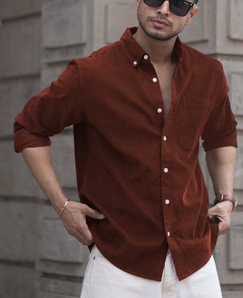 Brown Corduroy Regular Fit Full Sleeves Shirt 100% Cotton