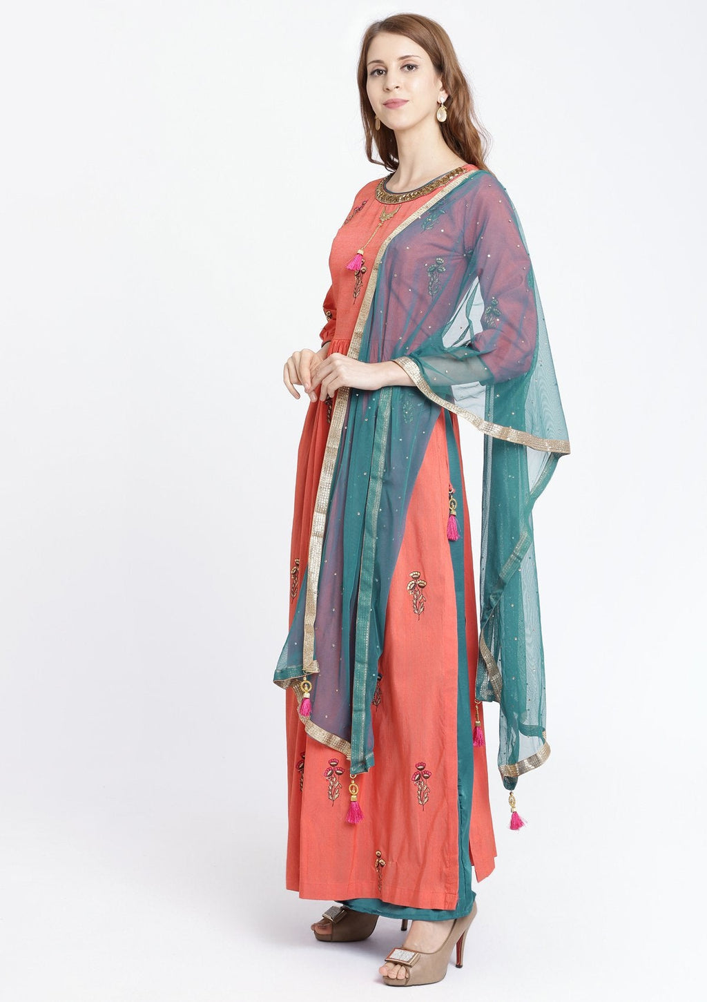 Peach Stonework Rawsilk Designer Salwar Suit