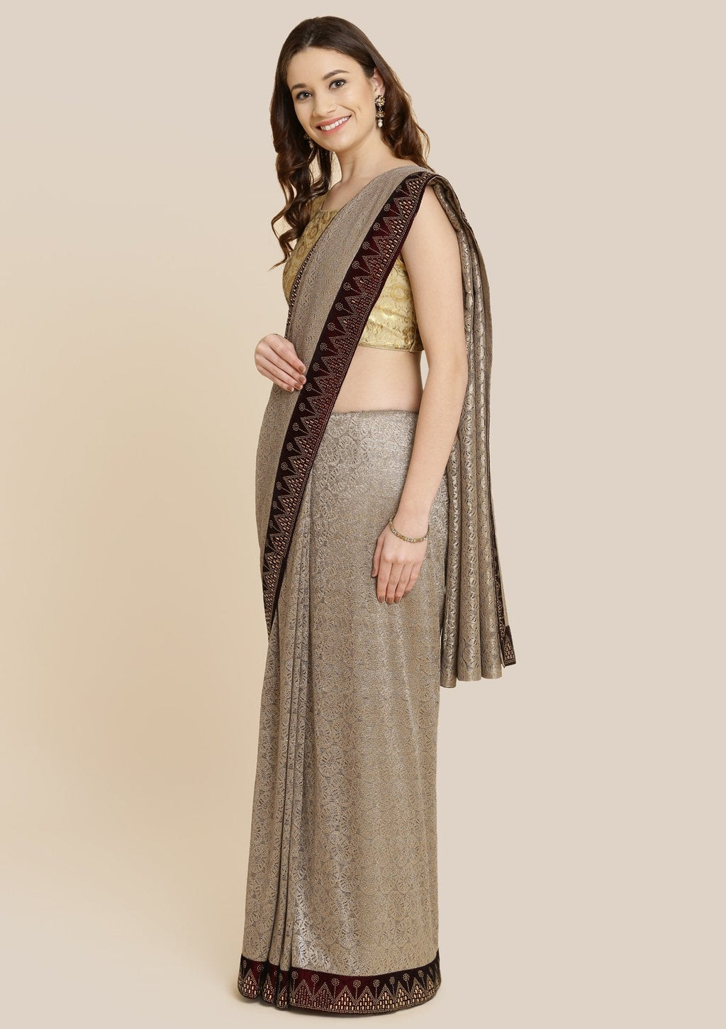 Light Brown Swarovski Net Designer Saree