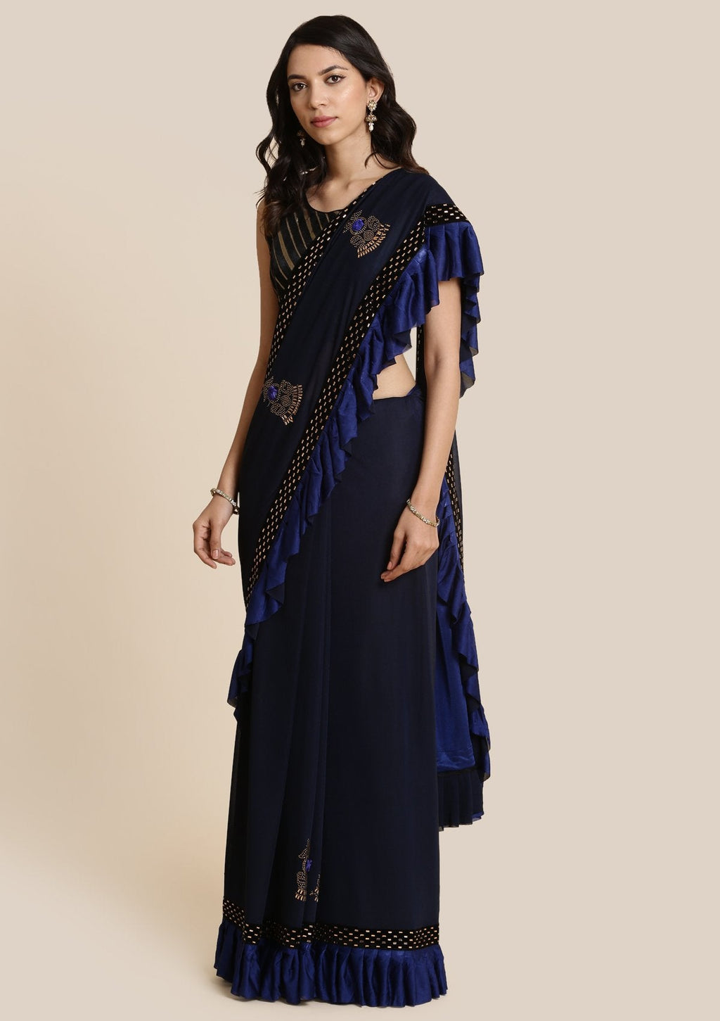 Royal Blue Swarovski Lycra Designer Saree