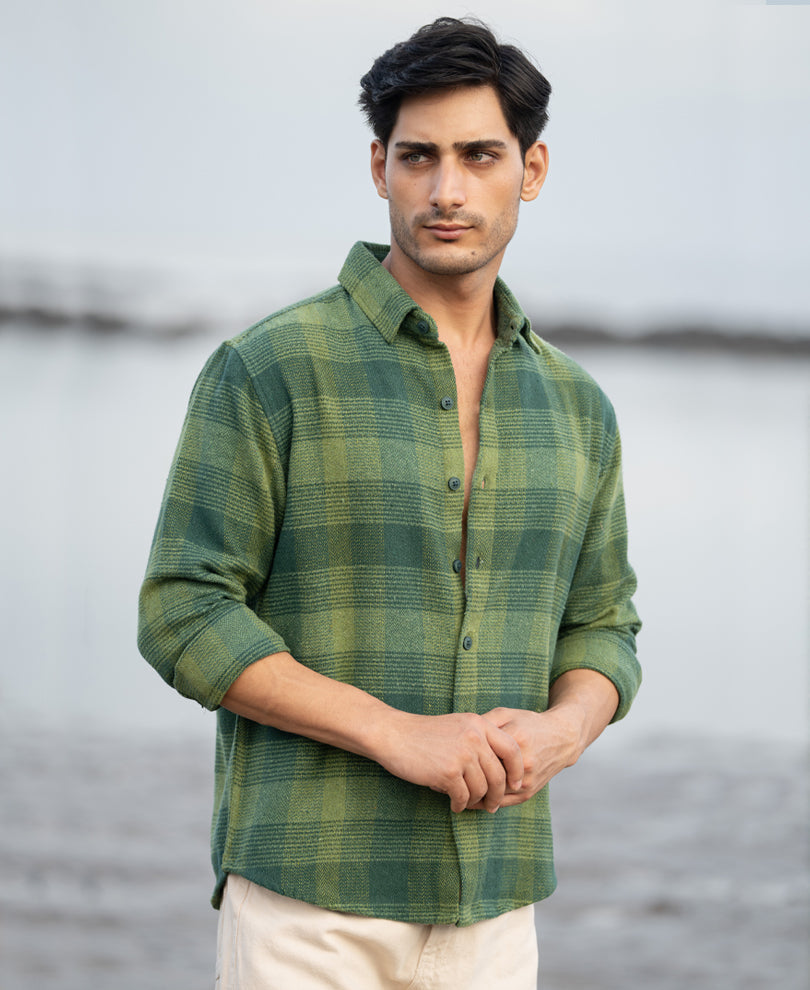 Green Structured Check Shirt 100% Cotton