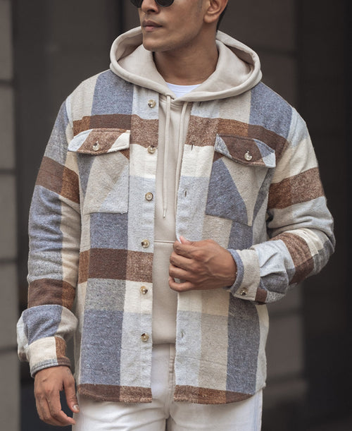 Beige Regular Fit Full Sleeve Shirt With Double Flap Pocket