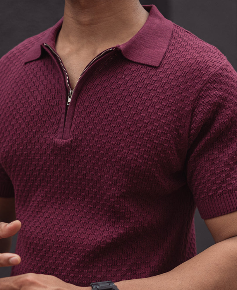 Wine Knitted Regular Fit Half Sleeves T-Shirt 100% Cotton