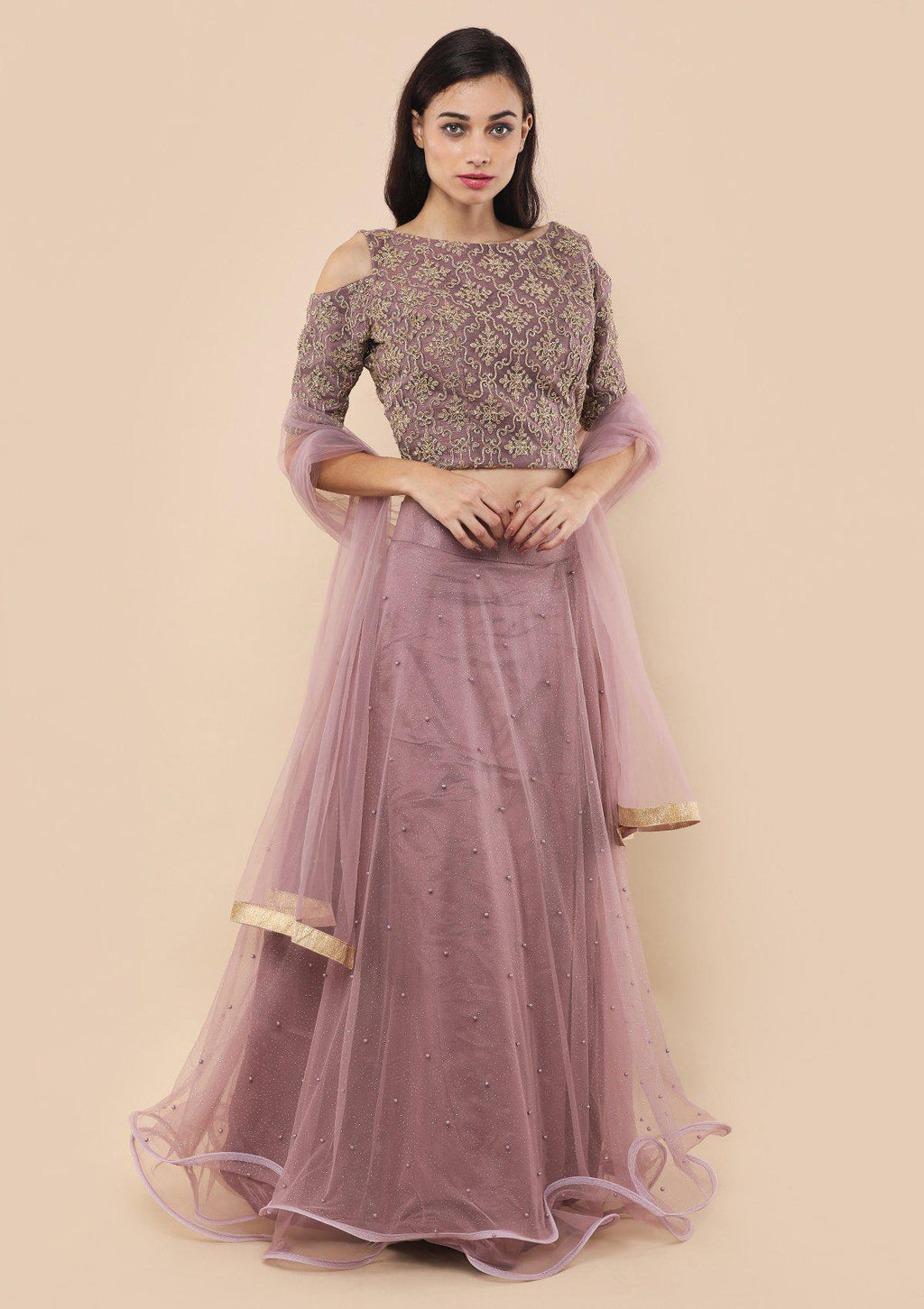 Lavender Pearl Studded Silk Readymade Lehenga