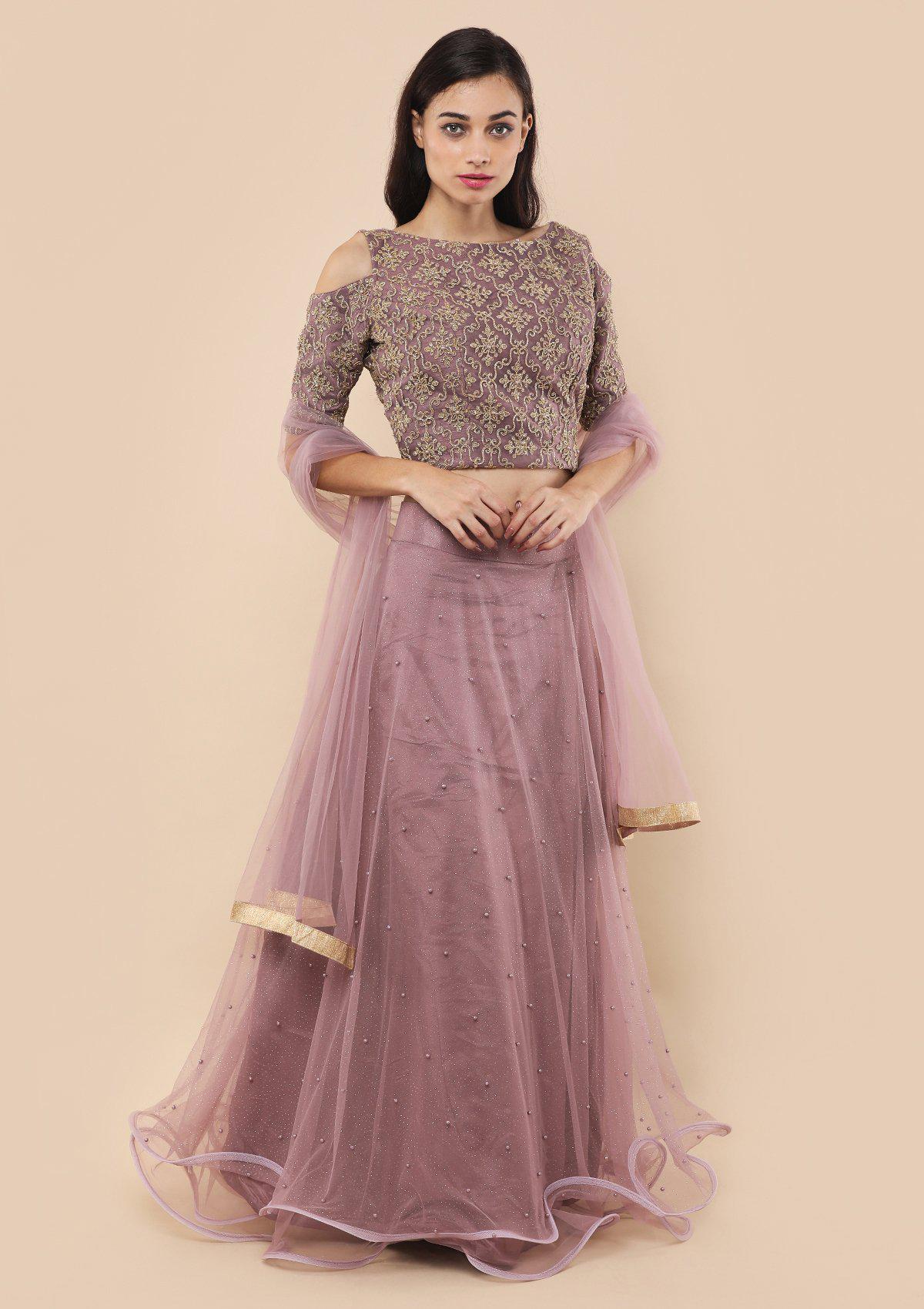 Lavender Pearl Studded Silk Readymade Lehenga
