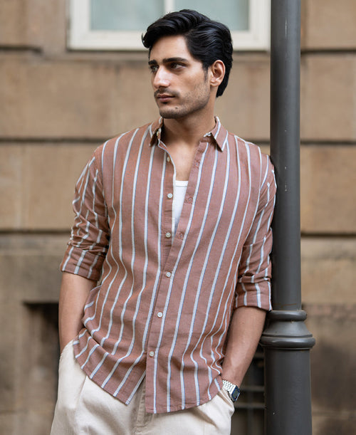 Brown Structured Striped Shirt 100% Cotton