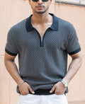 Black Jacquard Knit Polo T-Shirt 100% Cotton