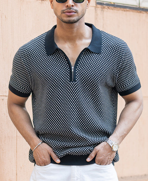 Black Jacquard Knit Polo T-Shirt 100% Cotton