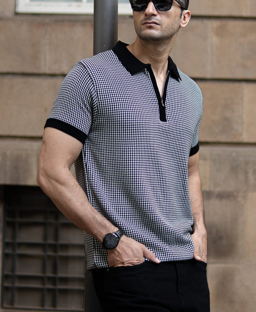 Black And White Knit Polo T-Shirt 100% Cotton