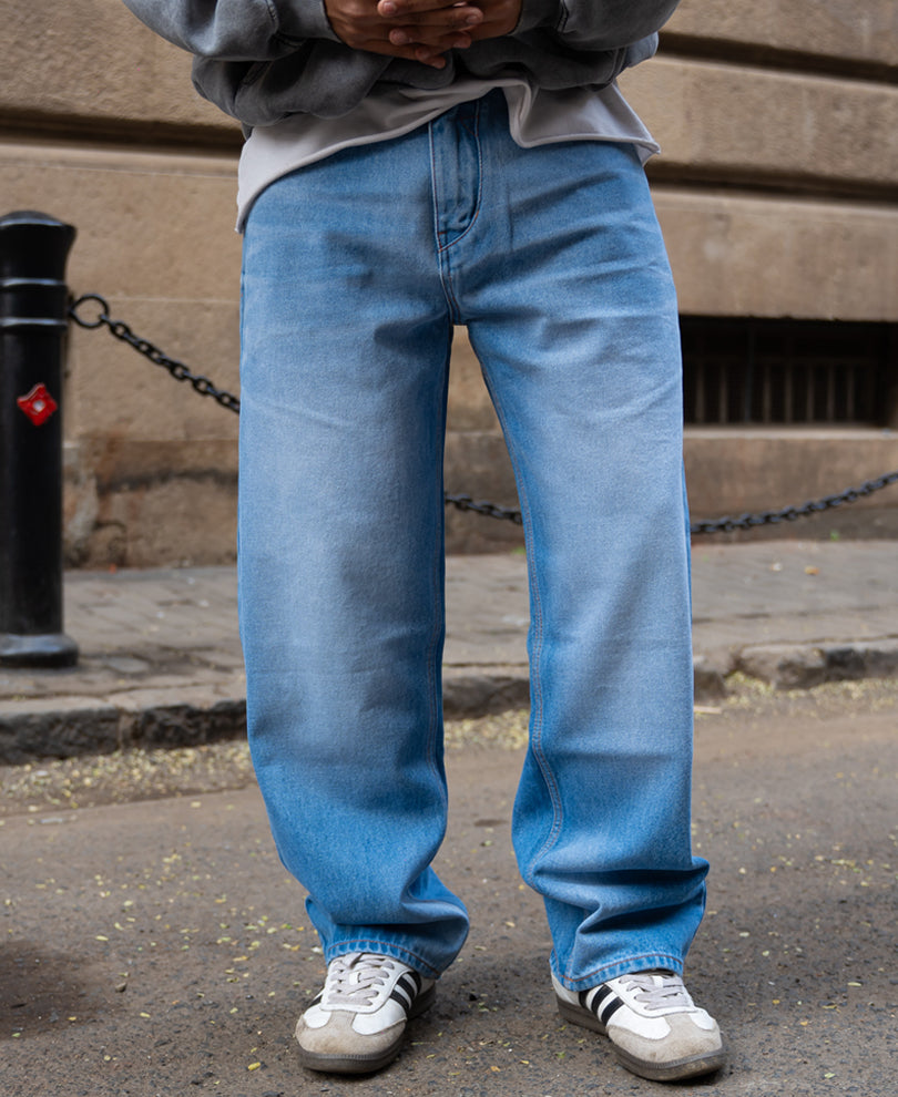 Mid Blue Washed Baggy Fit Jeans 100% Cotton